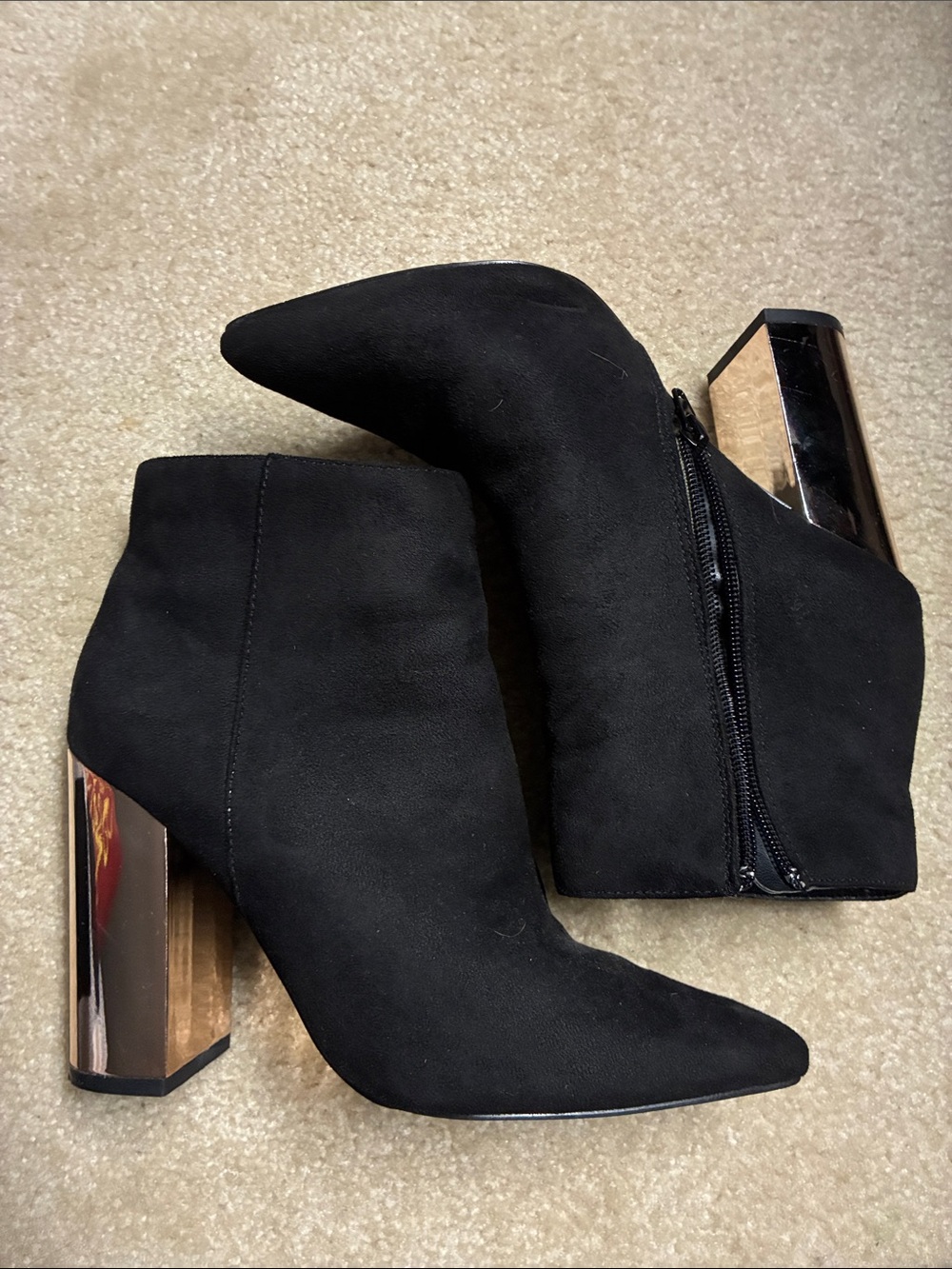 Black Suede Pointed Toe Ankle Boots with Metallic Block Heel